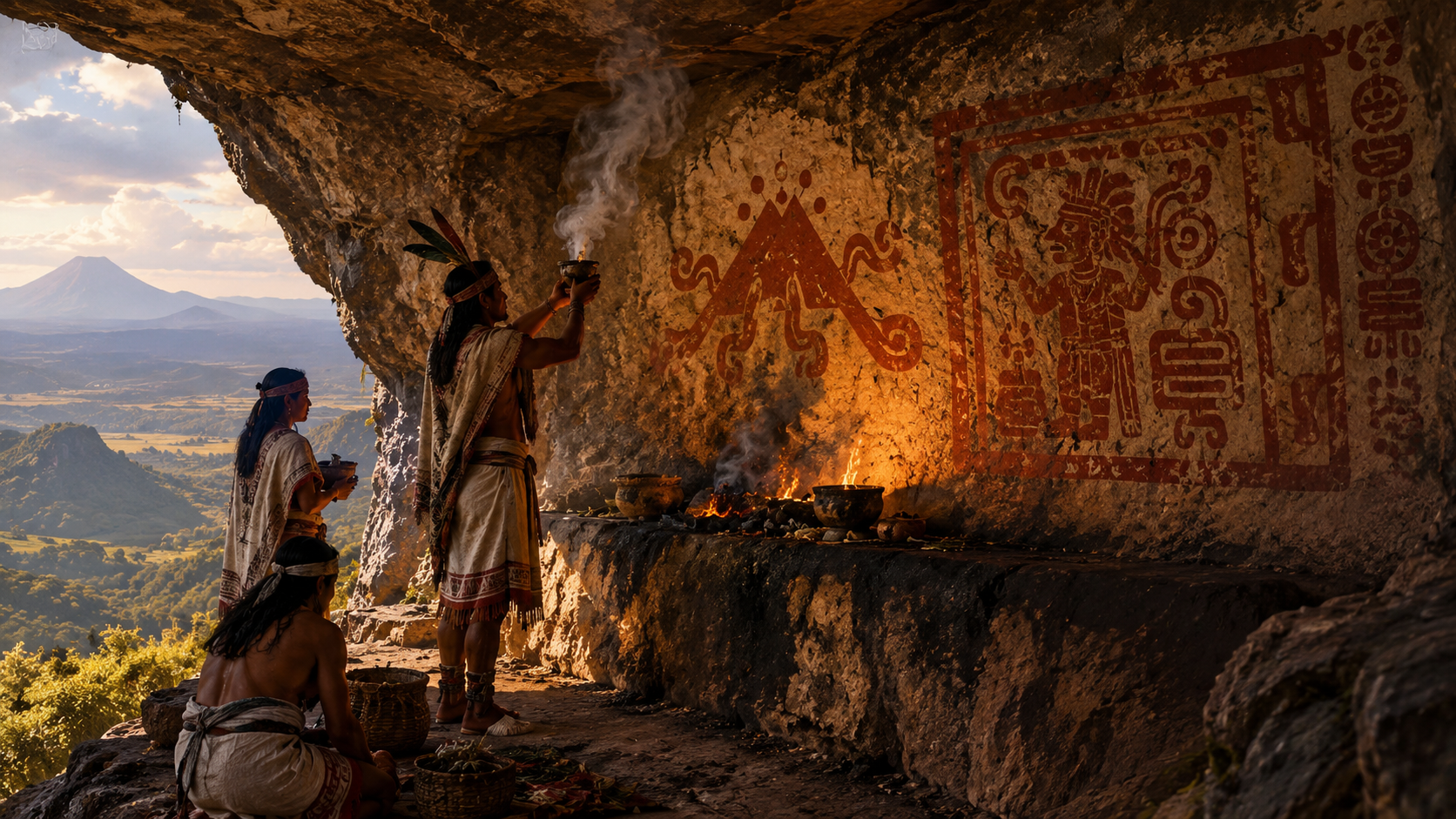 Illustrated reconstruction of a Teotihuacan-era fire ritual inside a painted cave at Chalcatzingo