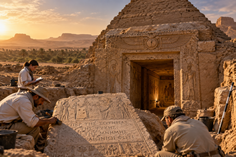 Editorial reconstruction of archaeologists documenting a Roman-era Egyptian tomb with funerary inscriptions