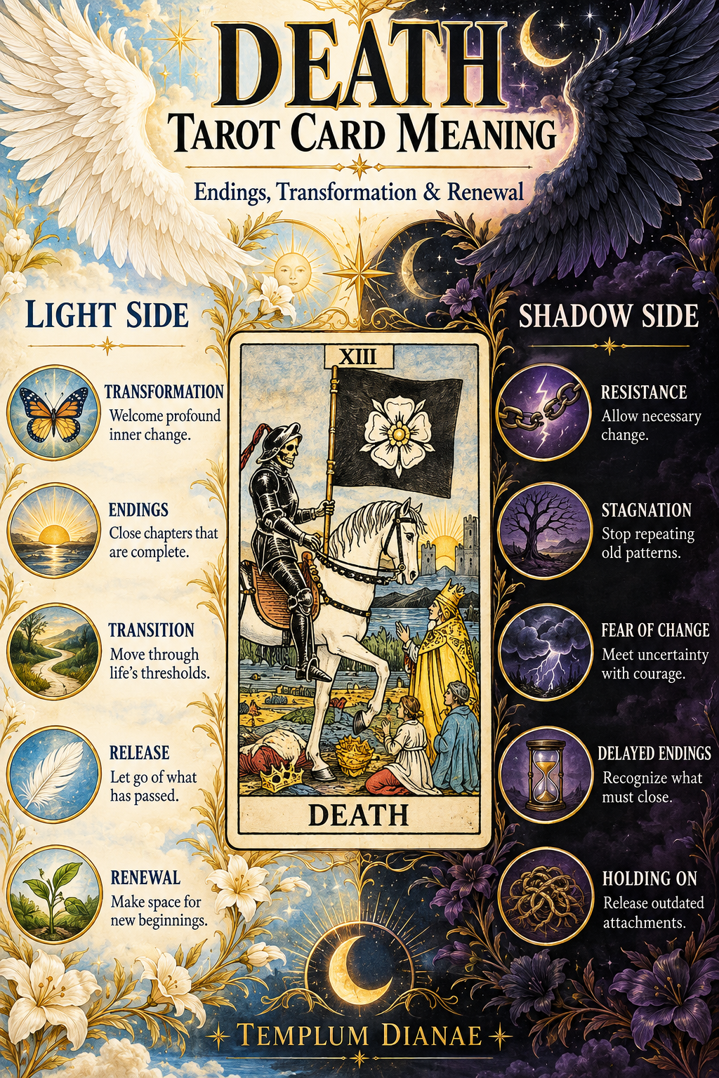 Death tarot card meaning infographic spreadsheet showing five Light Side and five Shadow Side symbolic meanings