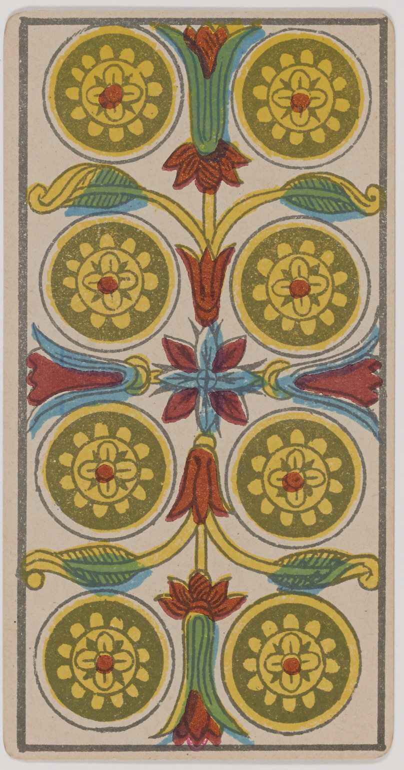 Eight of Coins Marseille Tarot card, historical Arnoult–Lequart 1890 coin suit illustration