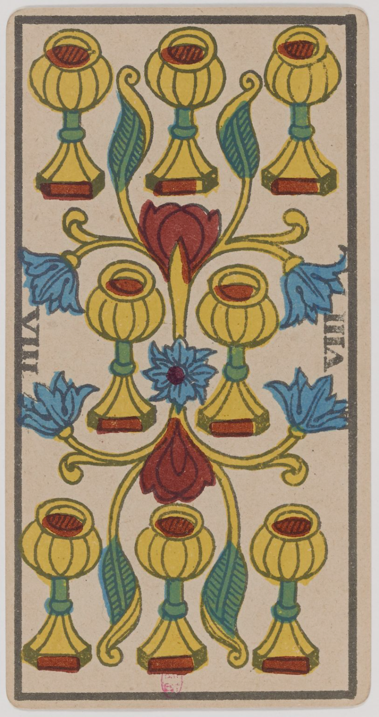 Eight of Cups Marseille Tarot card, historical Arnoult–Lequart 1890 Cups suit illustration