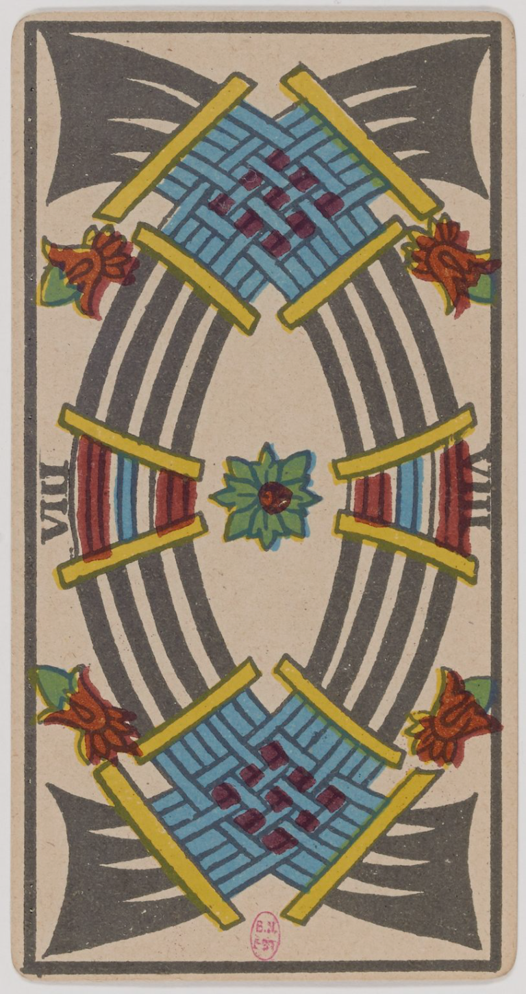 Eight of Swords Marseille Tarot card, historical Arnoult–Lequart 1890 Swords suit illustration