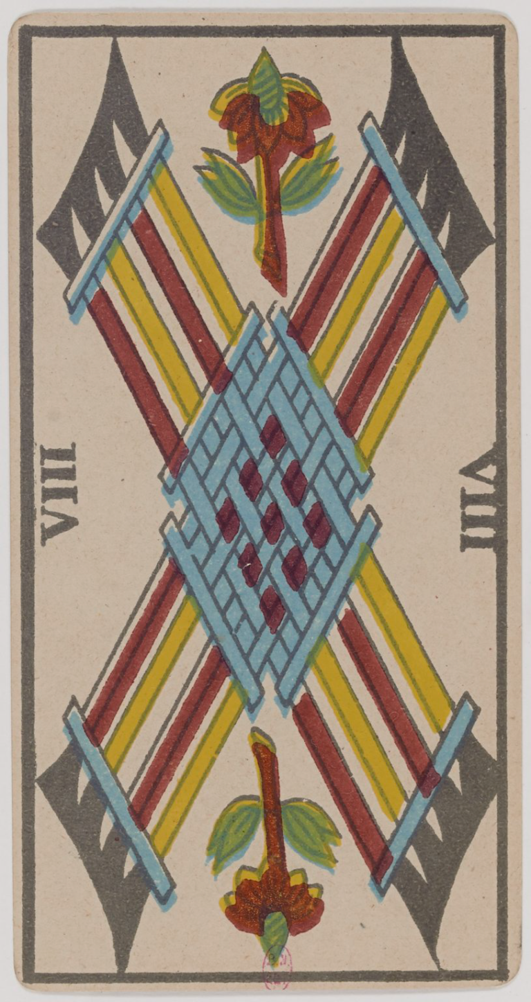 Eight of Wands (Batons), historical Marseille tarot card, Lequart 1890 illustration