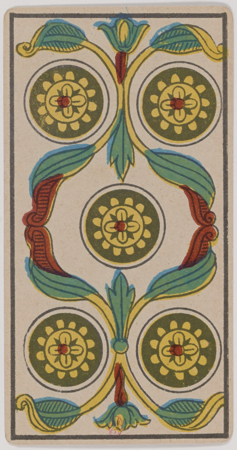 Five of Coins Marseille Tarot card, historical Arnoult–Lequart 1890 coin suit illustration