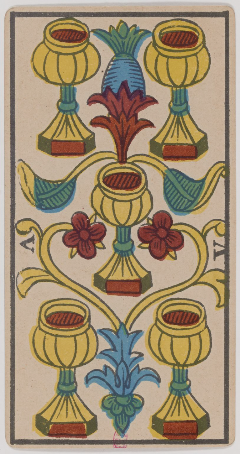 Five of Cups Marseille Tarot card, historical Arnoult–Lequart 1890 Cups suit illustration