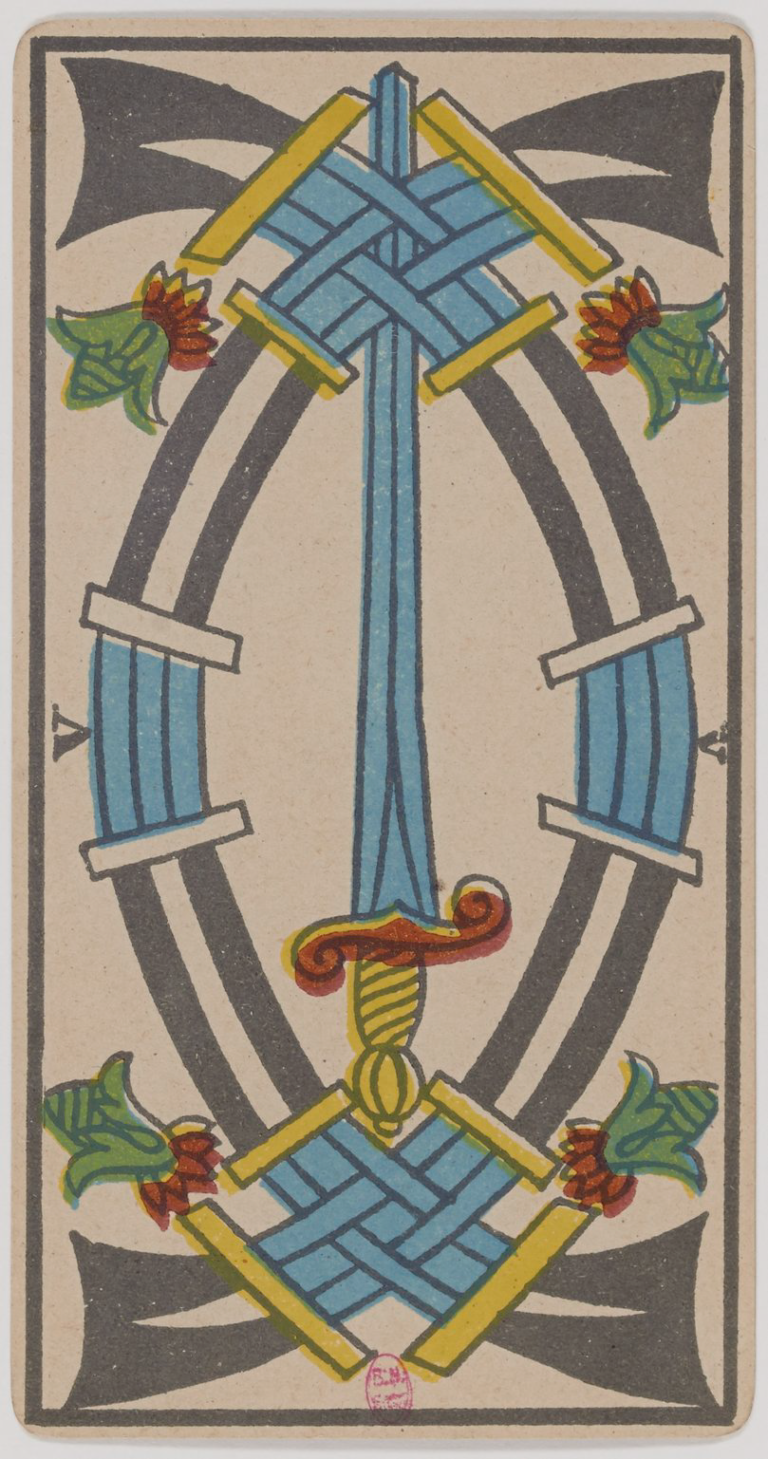 Five of Swords Marseille Tarot card, historical Arnoult–Lequart 1890 Swords suit illustration