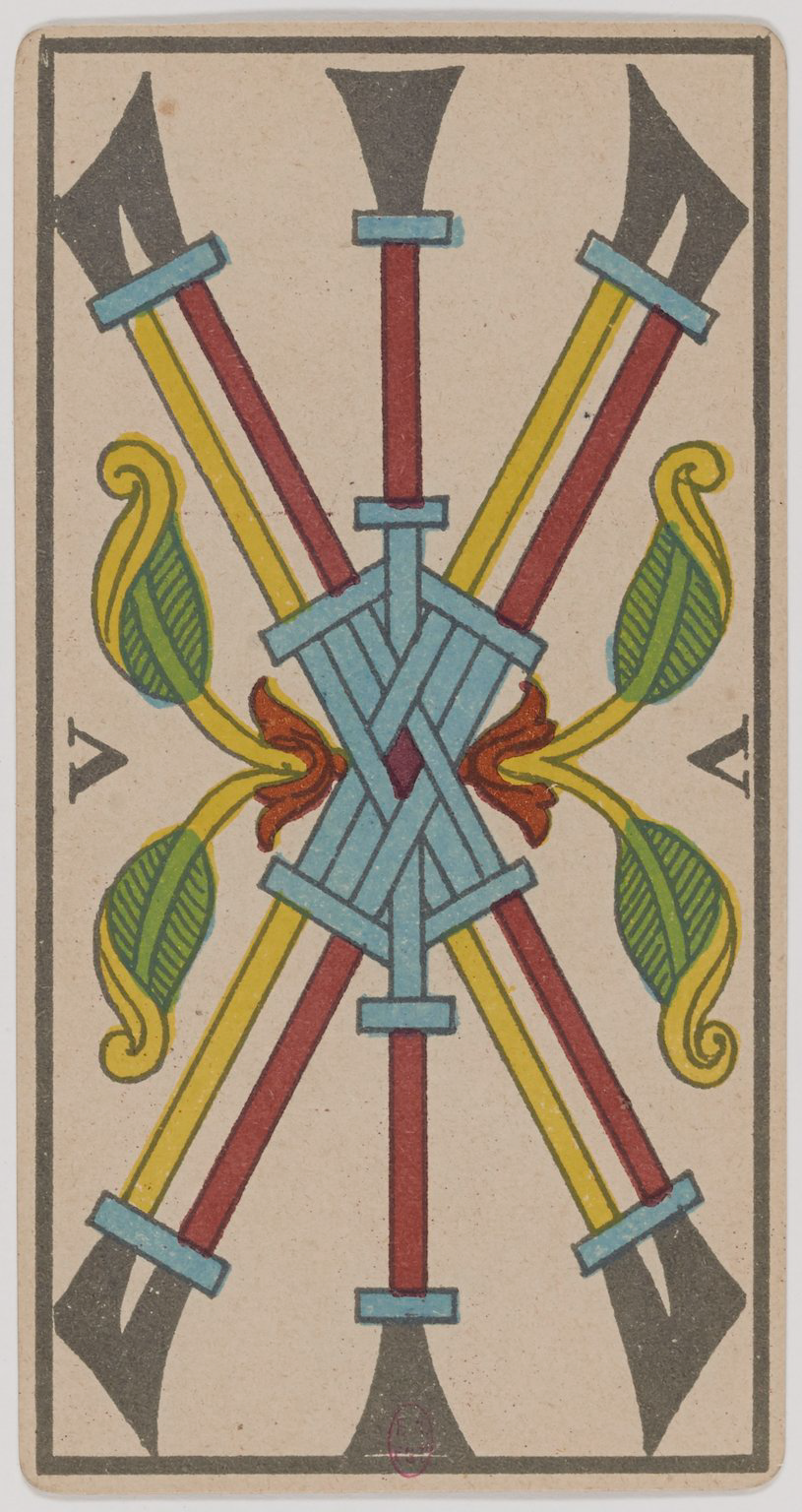 Five of Wands (Batons), historical Marseille tarot card, Lequart 1890 illustration