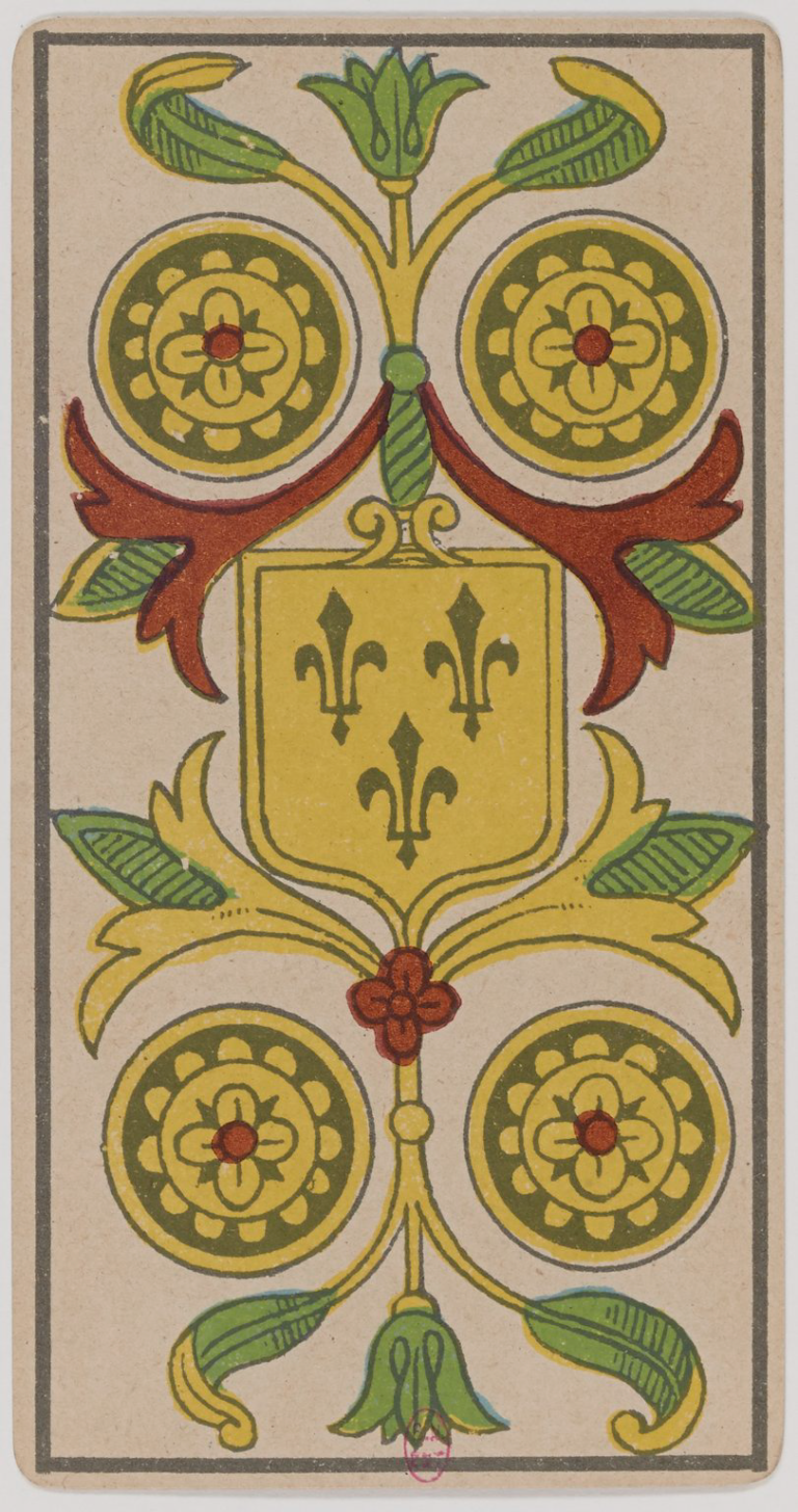 Four of Coins Marseille Tarot card, historical Arnoult–Lequart 1890 coin suit illustration