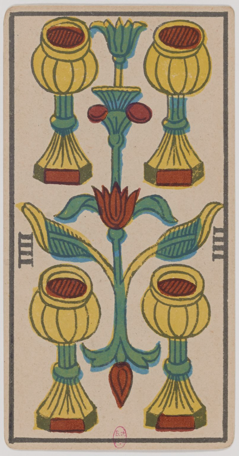 Four of Cups Marseille Tarot card, historical Arnoult–Lequart 1890 Cups suit illustration