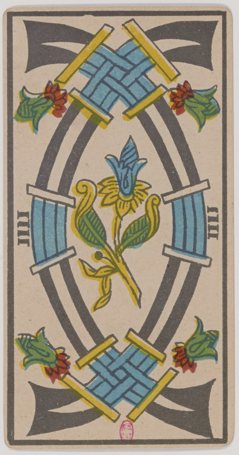 Four of Swords Marseille Tarot card, historical Arnoult–Lequart 1890 Swords suit illustration