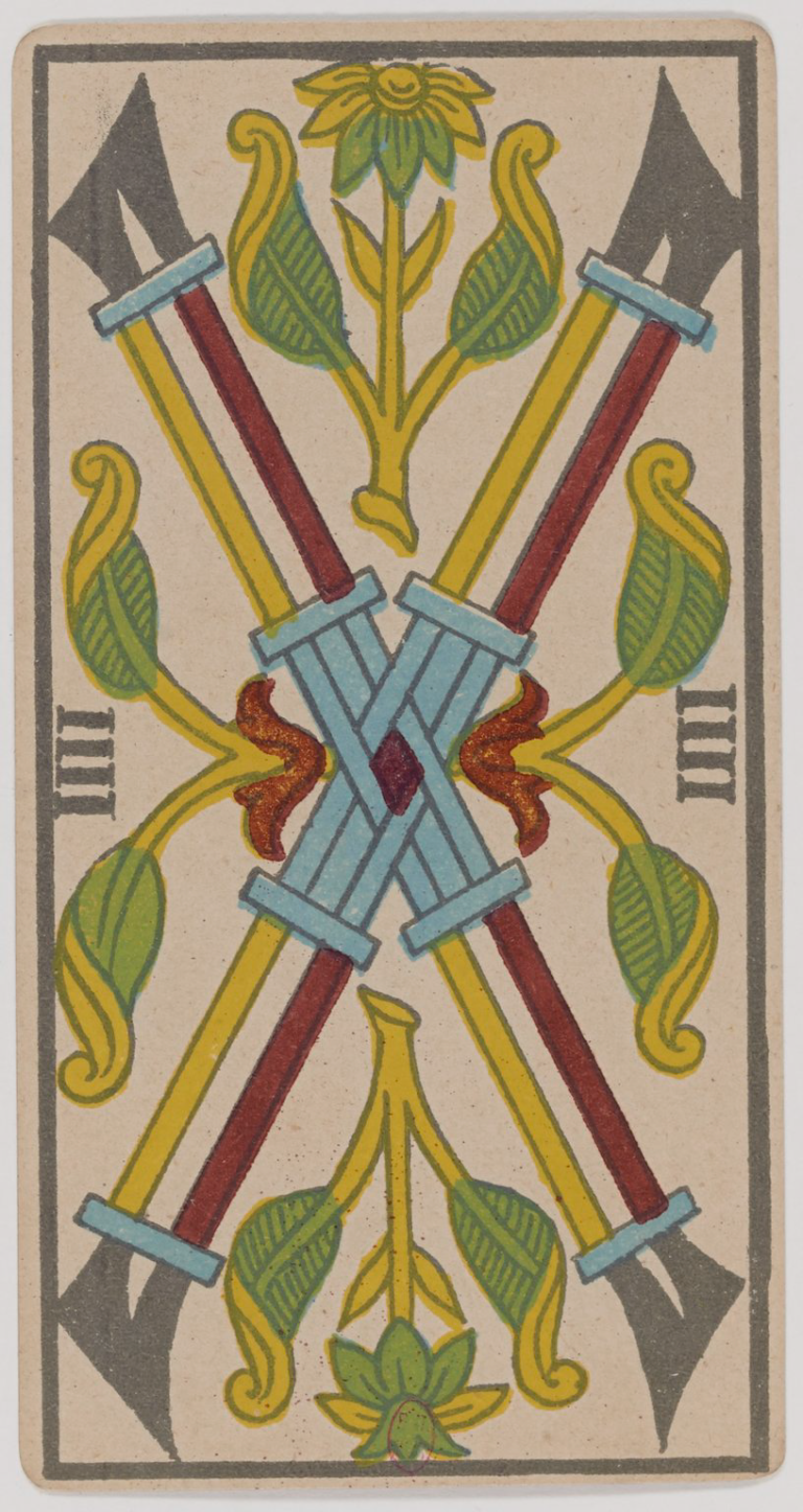 Four of Wands (Batons), historical Marseille tarot card, Lequart 1890 illustration