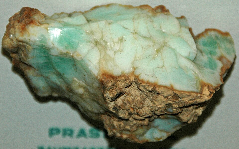 Natural green prase opal mineral specimen from Silesia, Poland, illustrating green opal meaning and properties