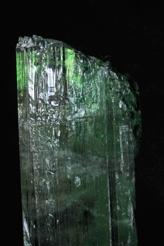 Natural hiddenite green spodumene crystal from Paprok Mine, Afghanistan