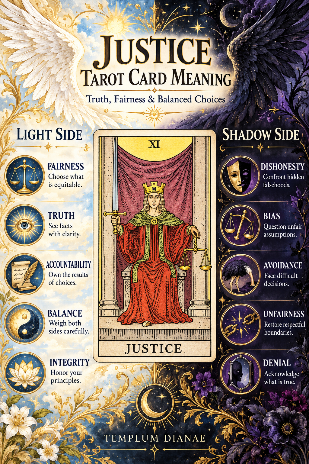 Justice tarot card meaning infographic spreadsheet showing five Light Side and five Shadow Side symbolic meanings