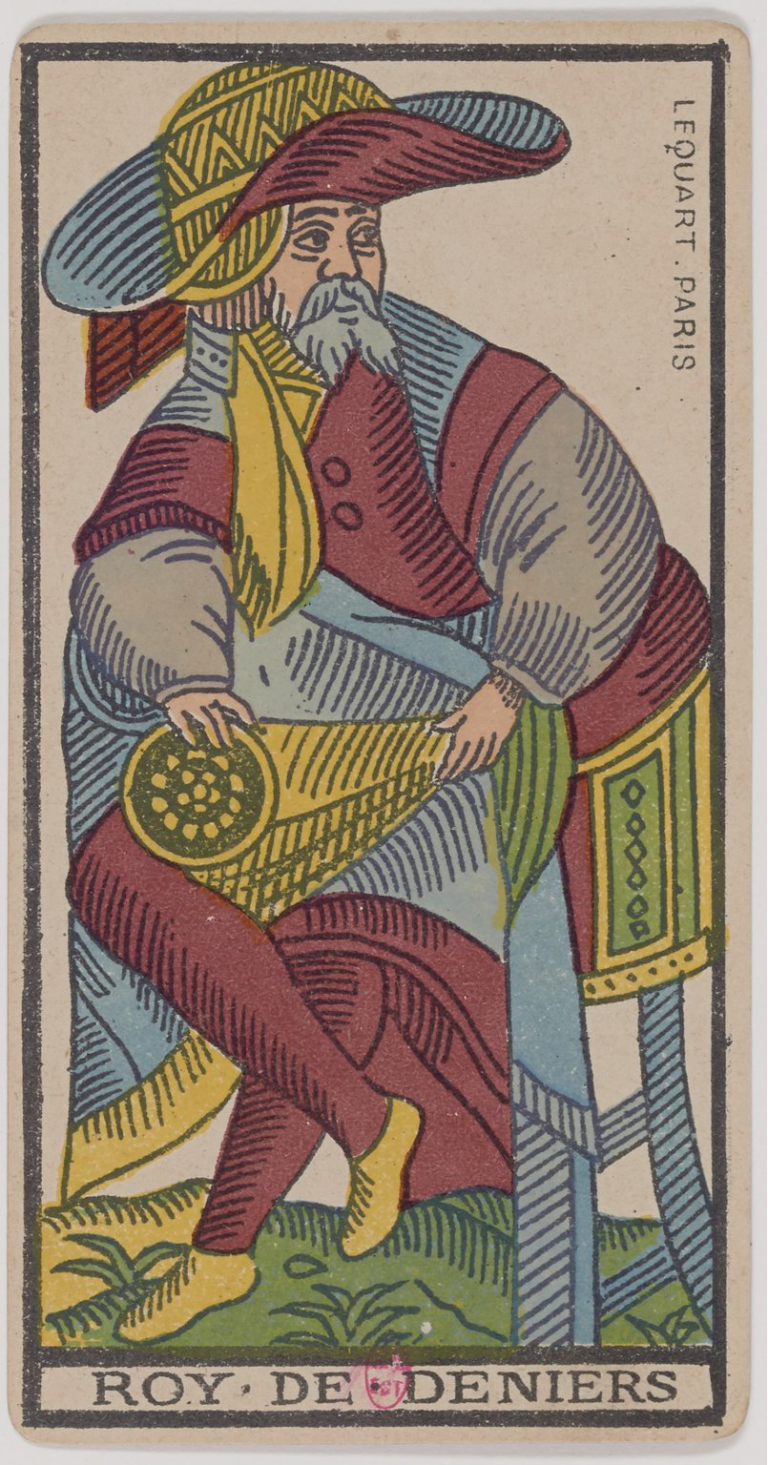 King of Coins Marseille Tarot card, historical Arnoult–Lequart 1890 coin suit illustration
