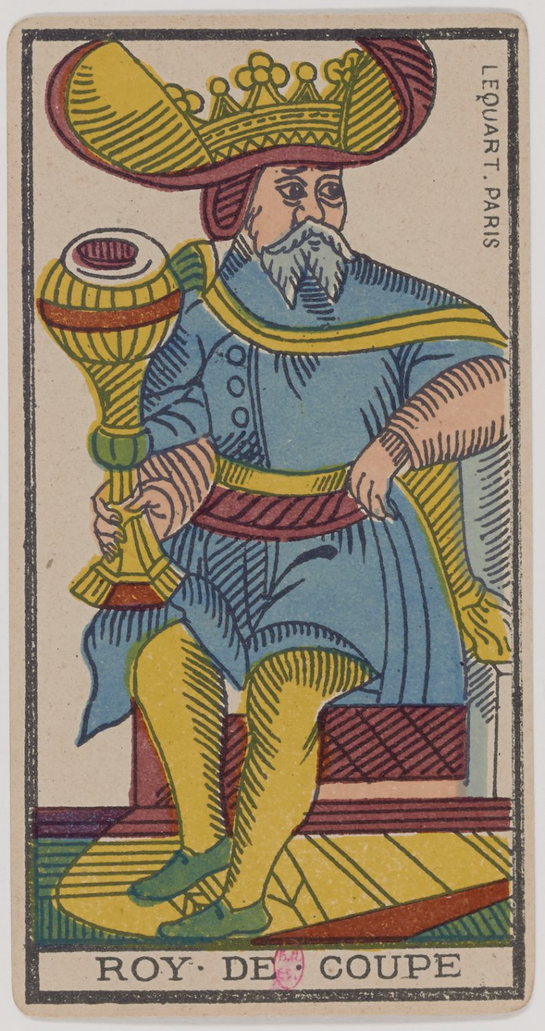 King of Cups Marseille Tarot card, historical Arnoult–Lequart 1890 Cups suit illustration