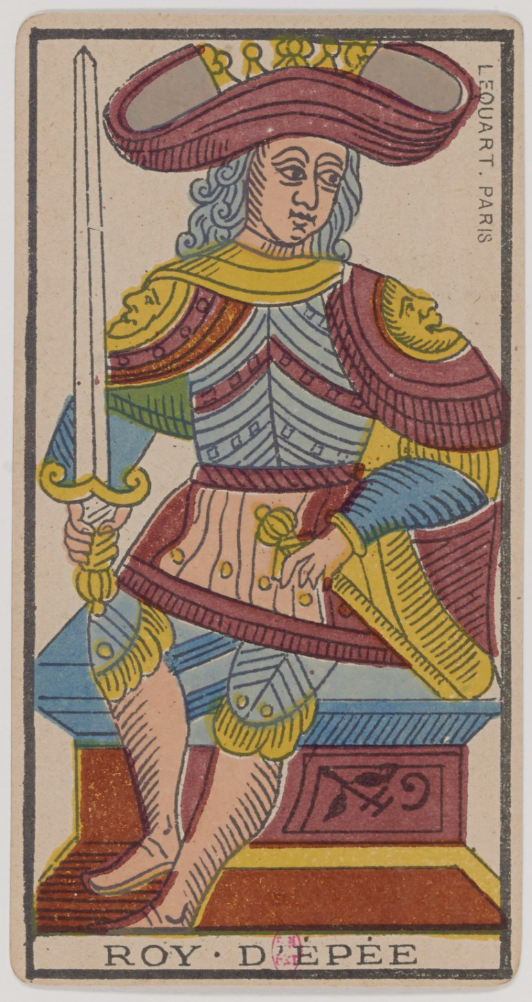 King of Swords Marseille Tarot card, historical Arnoult–Lequart 1890 Swords suit illustration