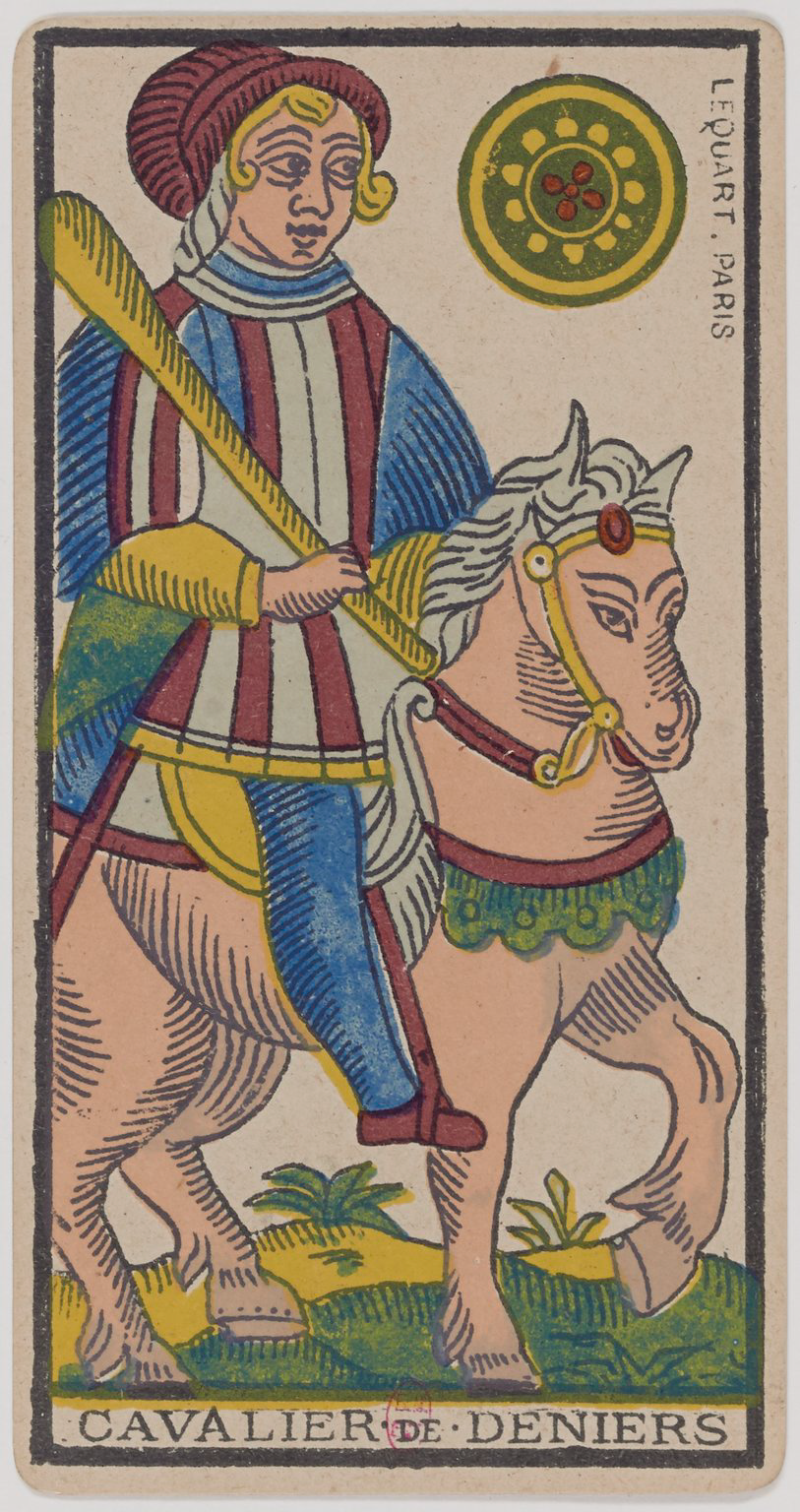 Knight of Coins Marseille Tarot card, historical Arnoult–Lequart 1890 coin suit illustration