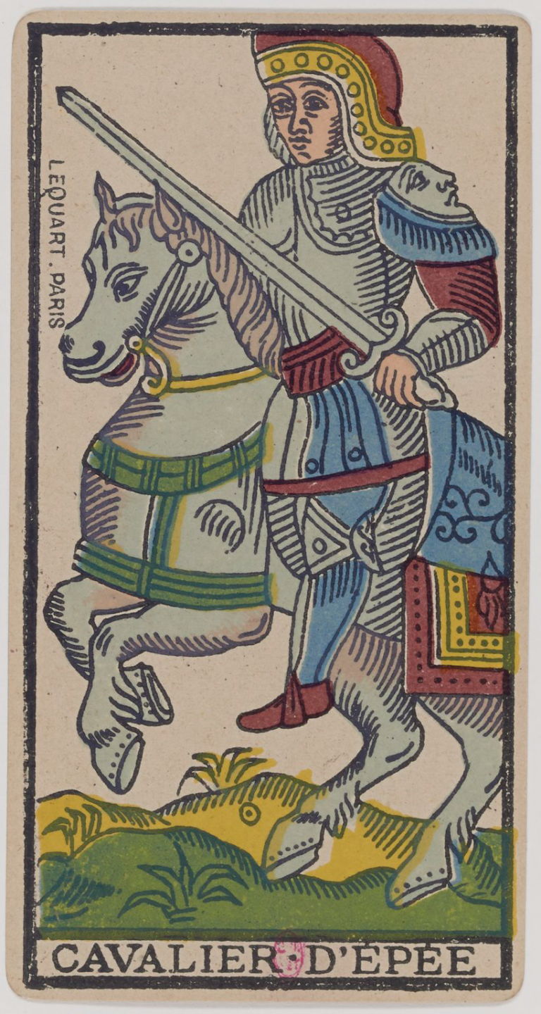 Knight of Swords Marseille Tarot card, historical Arnoult–Lequart 1890 Swords suit illustration