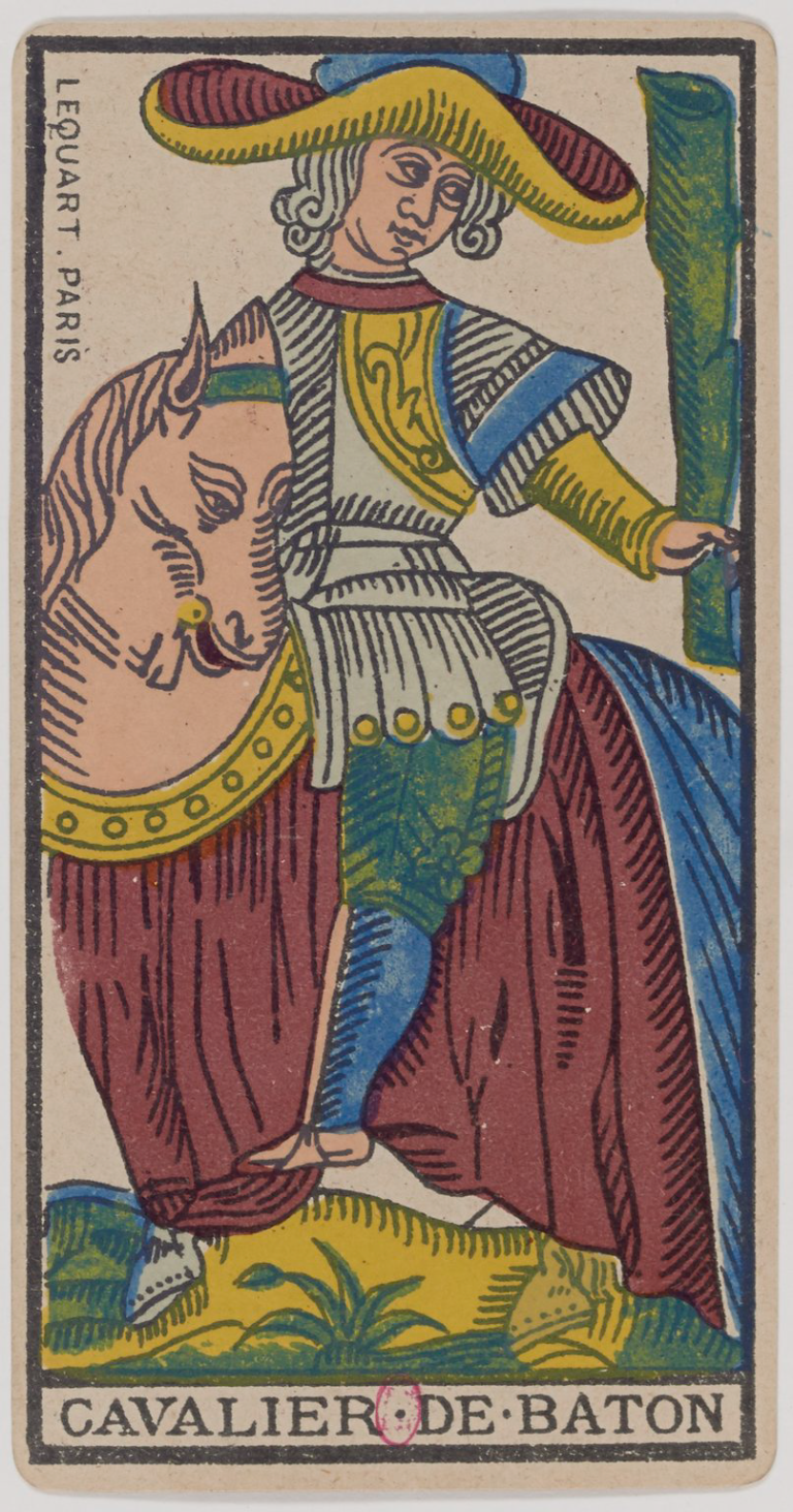 Knight of Wands (Batons), historical Marseille tarot card, Lequart 1890 illustration