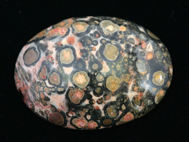 Polished leopard skin jasper cabochon from Africa with spotted circular mineral patterns