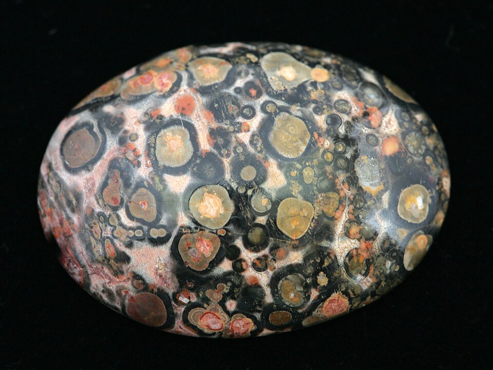 Polished leopard skin jasper cabochon from Africa with spotted circular mineral patterns