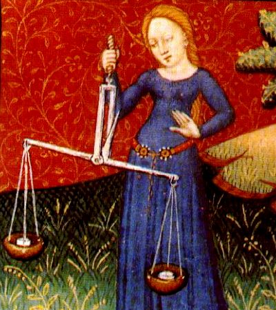 Libra zodiac sign depicted in a fifteenth-century illuminated Book of Hours by the Fastolf Master