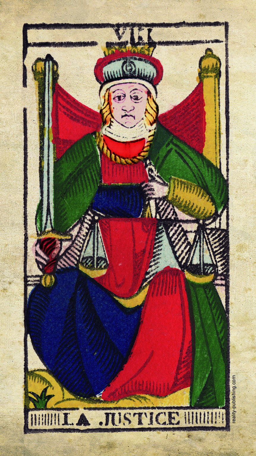 La Justice (Justice) Tarot de Marseille Major Arcana VIII, Nicolas Conver 1760 card illustration