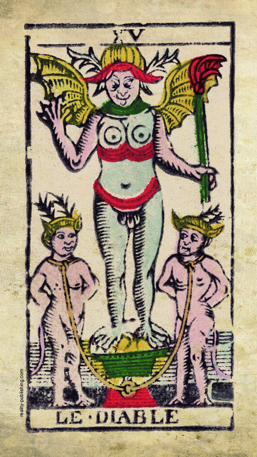 Le Diable (The Devil) Tarot de Marseille Major Arcana XV, Nicolas Conver 1760 card illustration