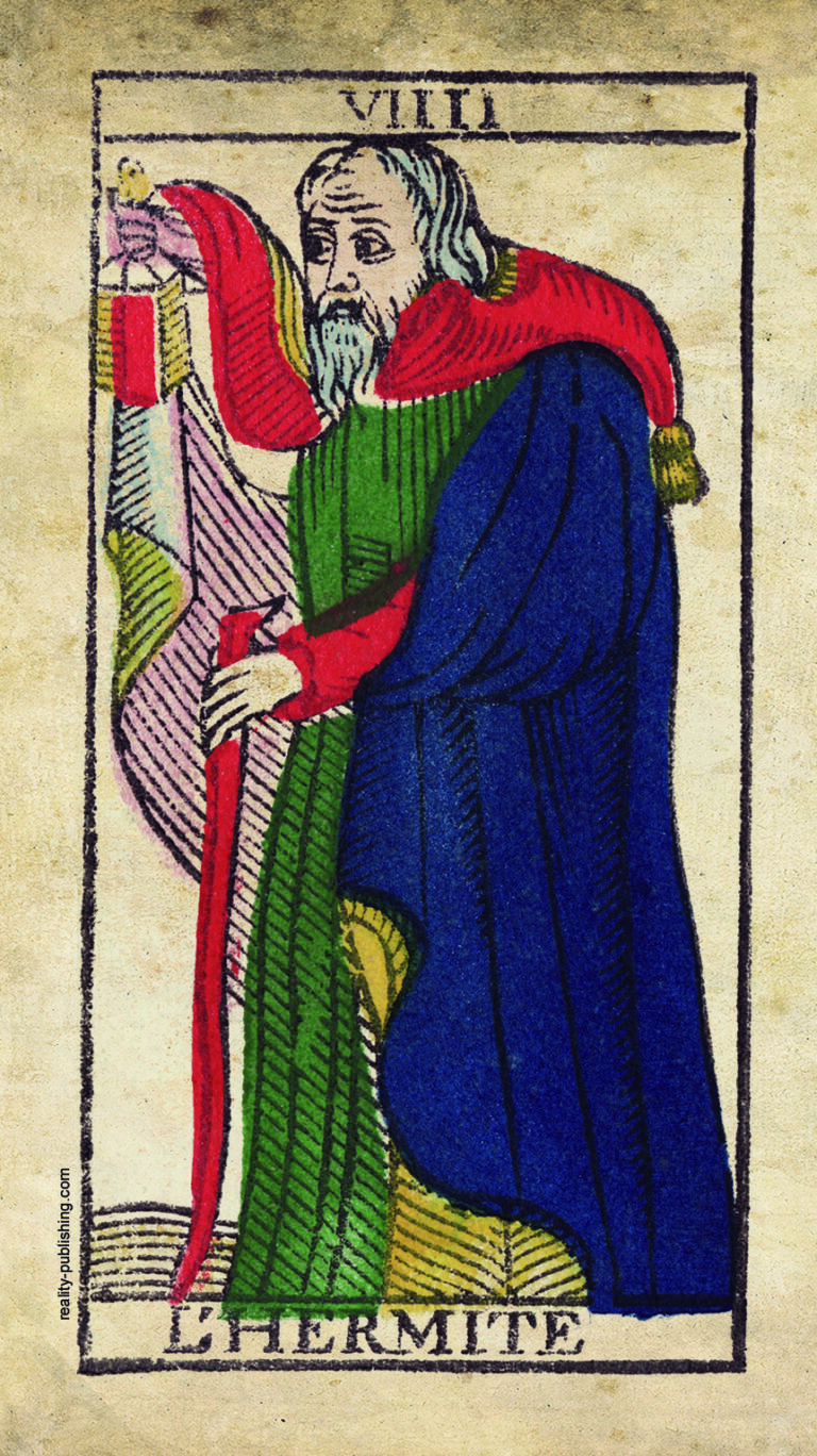 L'Hermite (The Hermit) Tarot de Marseille Major Arcana IX, Nicolas Conver 1760 card illustration
