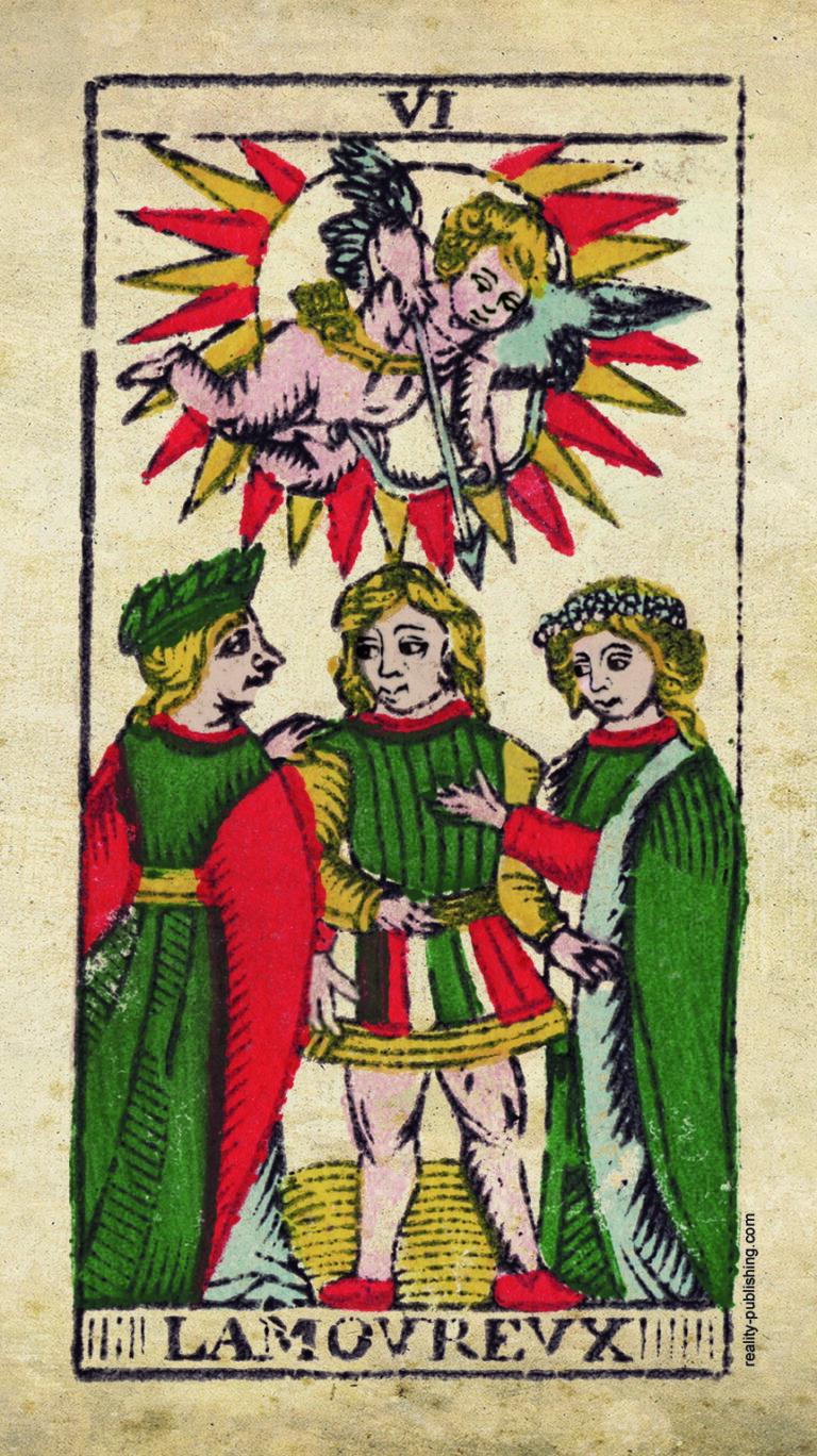 L'Amoureux (The Lovers) Tarot de Marseille Major Arcana VI, Nicolas Conver 1760 card illustration