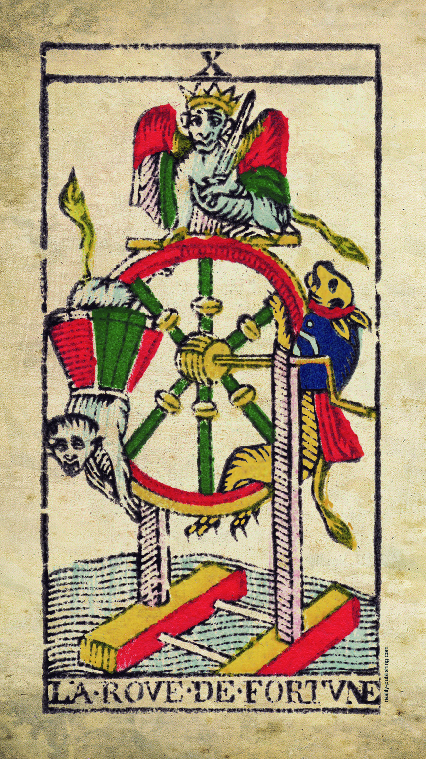 La Roue de Fortune (Wheel of Fortune) Tarot de Marseille Major Arcana X, Nicolas Conver 1760 card illustration