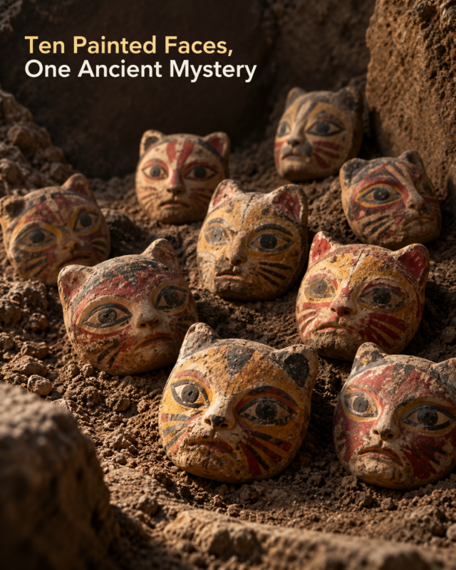Editorial illustration of painted feline-featured clay faces inspired by the new Huaca Santa Ana Moche discovery