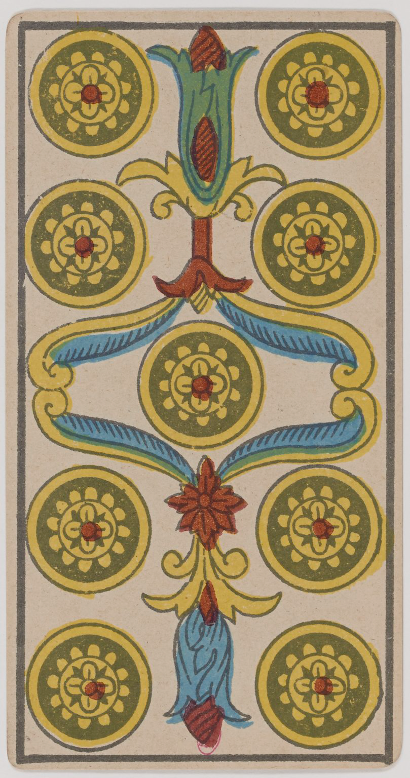Nine of Coins Marseille Tarot card, historical Arnoult–Lequart 1890 coin suit illustration