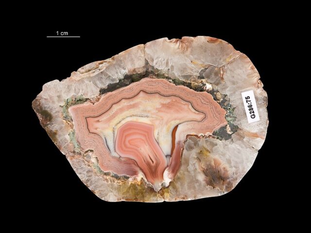 Natural banded pink chalcedony agate specimen from Idar-Oberstein Germany