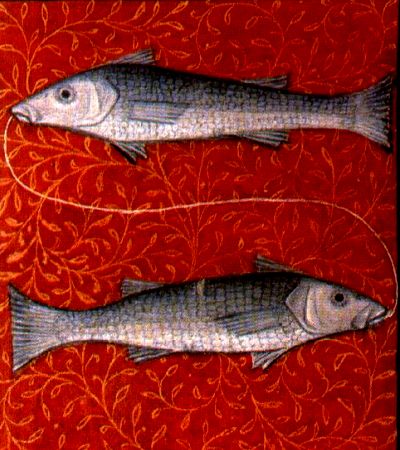 Pisces zodiac sign depicted in a fifteenth-century illuminated Book of Hours by the Fastolf Master