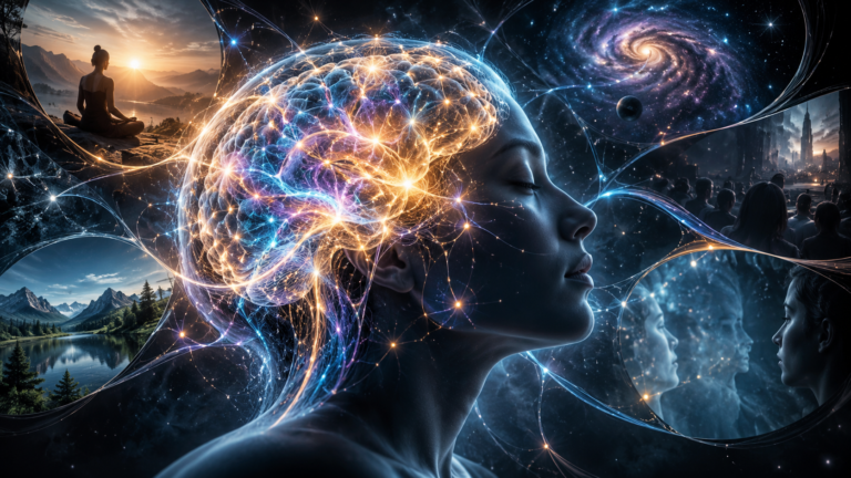Scientific illustration of altered brain networks and self-world unity under psilocybin