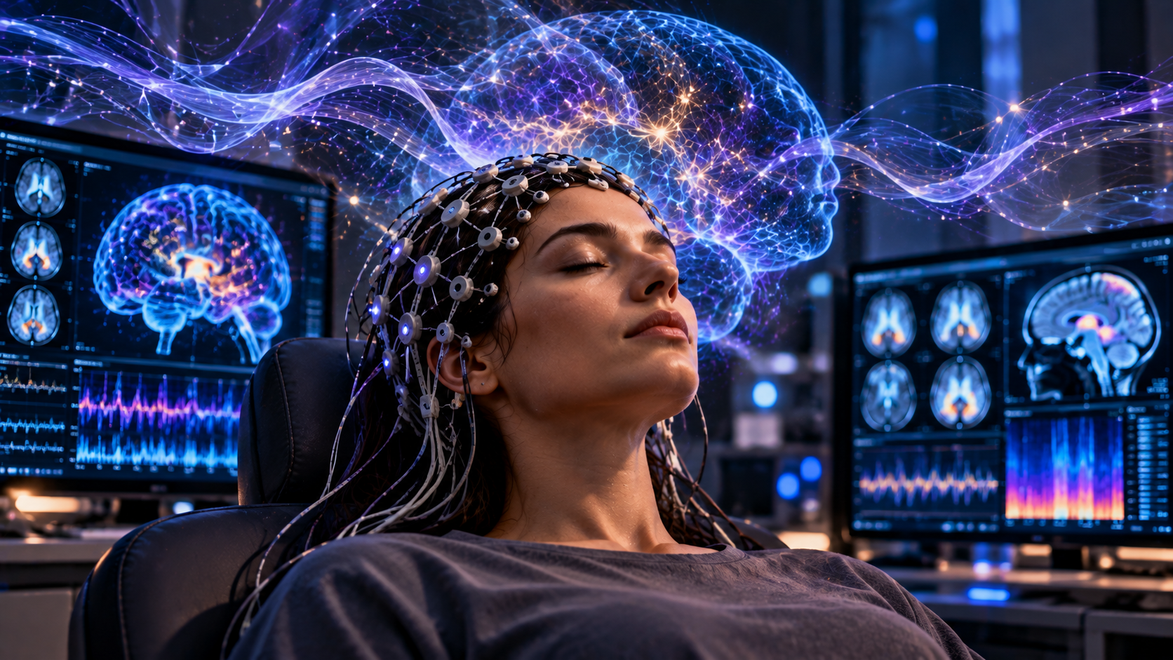 Meditator wearing a high-density EEG cap during a neuroscience study of pure awareness
