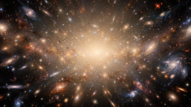 Cinematic visualization of galaxies and cosmic structure converging toward a luminous spacetime-like center