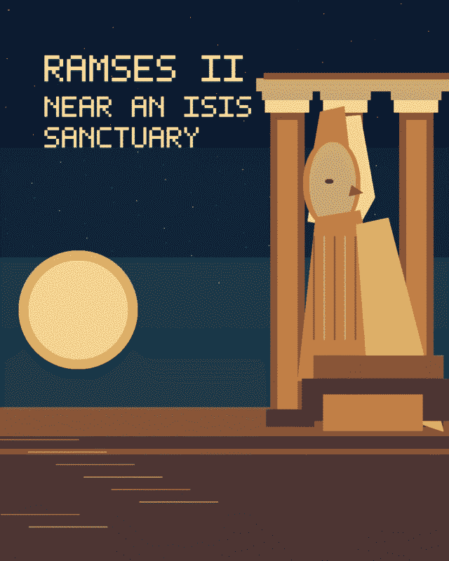 Original editorial illustration of a statue of Ramesses II against an Egyptian temple landscape
