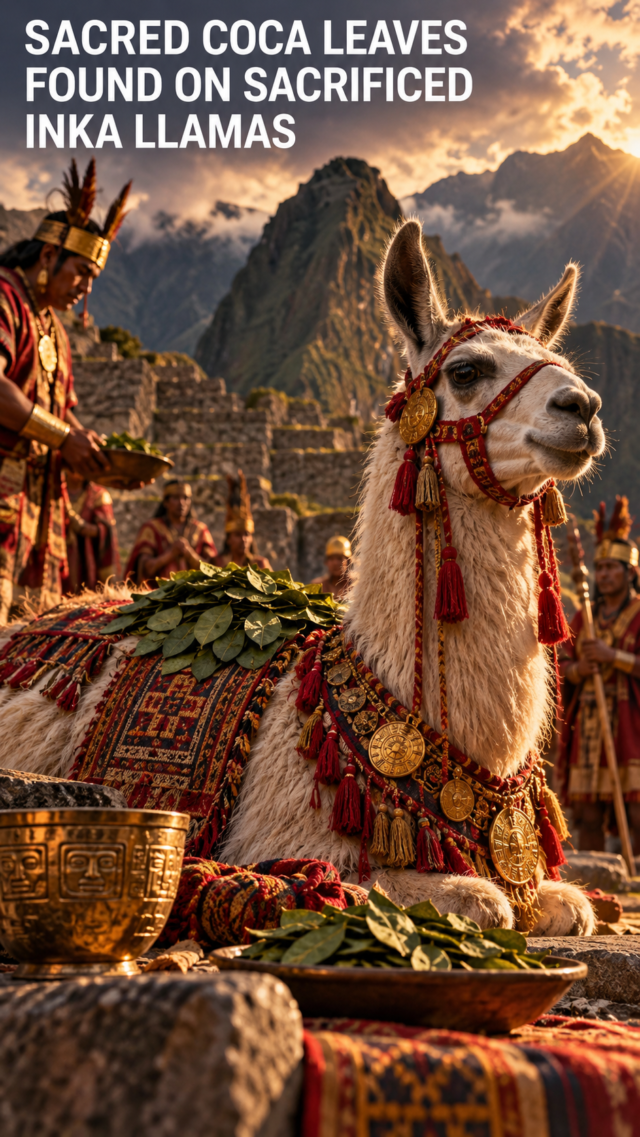 Vertical editorial image about sacred coca leaves found on sacrificed Inka llamas
