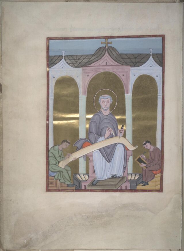 Medieval illumination depicting Saint Jerome with a scribe and illustrator, a later representation of the author whose letters mention Altino
