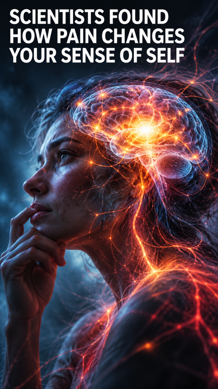 Vertical editorial image about chronic pain and the brain's sense of self