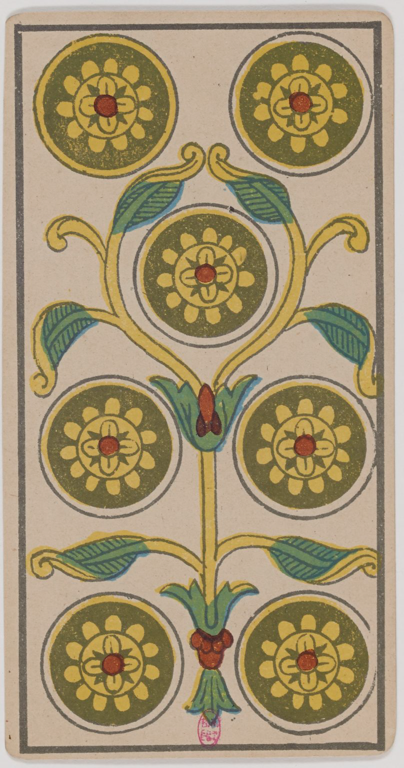 Seven of Coins Marseille Tarot card, historical Arnoult–Lequart 1890 coin suit illustration