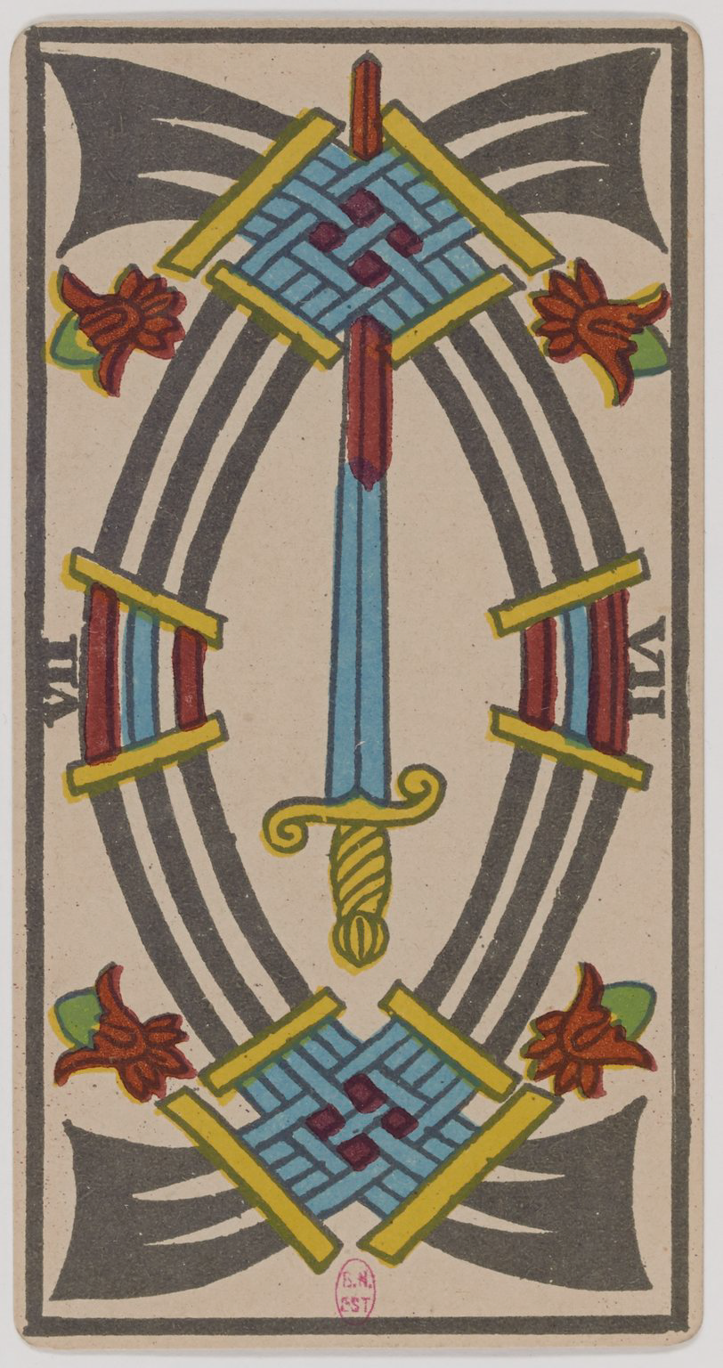 Seven of Swords Marseille Tarot card, historical Arnoult–Lequart 1890 Swords suit illustration