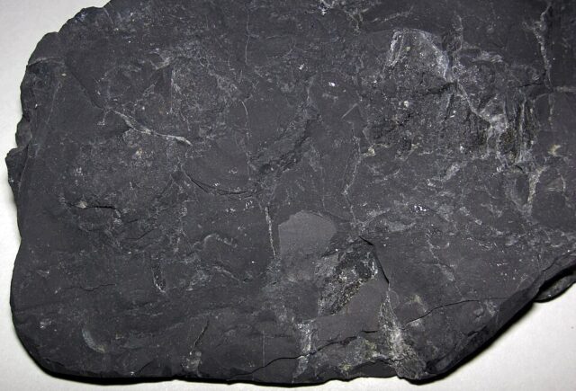Natural shungite carbon-rich black rock specimen from the Shunga River area in Karelia Russia
