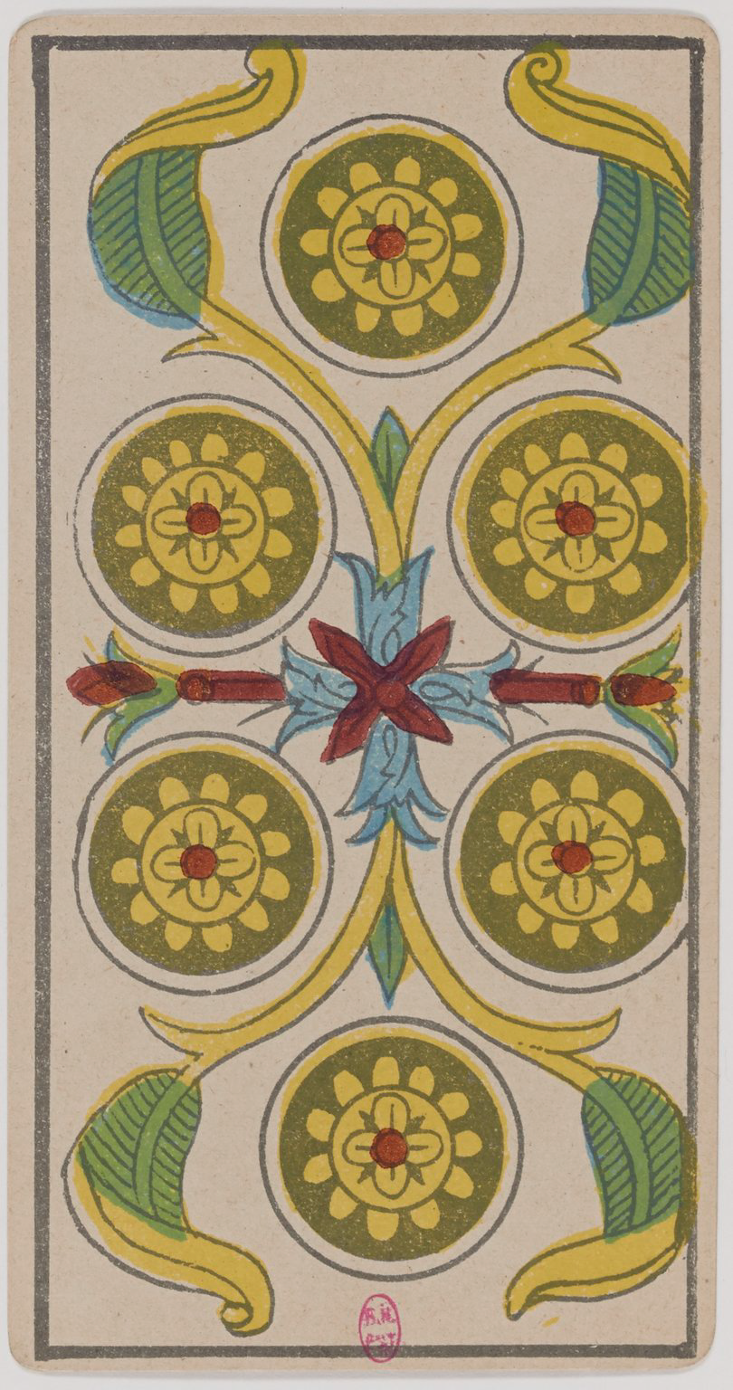 Six of Coins Marseille Tarot card, historical Arnoult–Lequart 1890 coin suit illustration