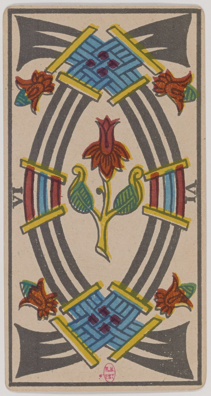 Six of Swords Marseille Tarot card, historical Arnoult–Lequart 1890 Swords suit illustration