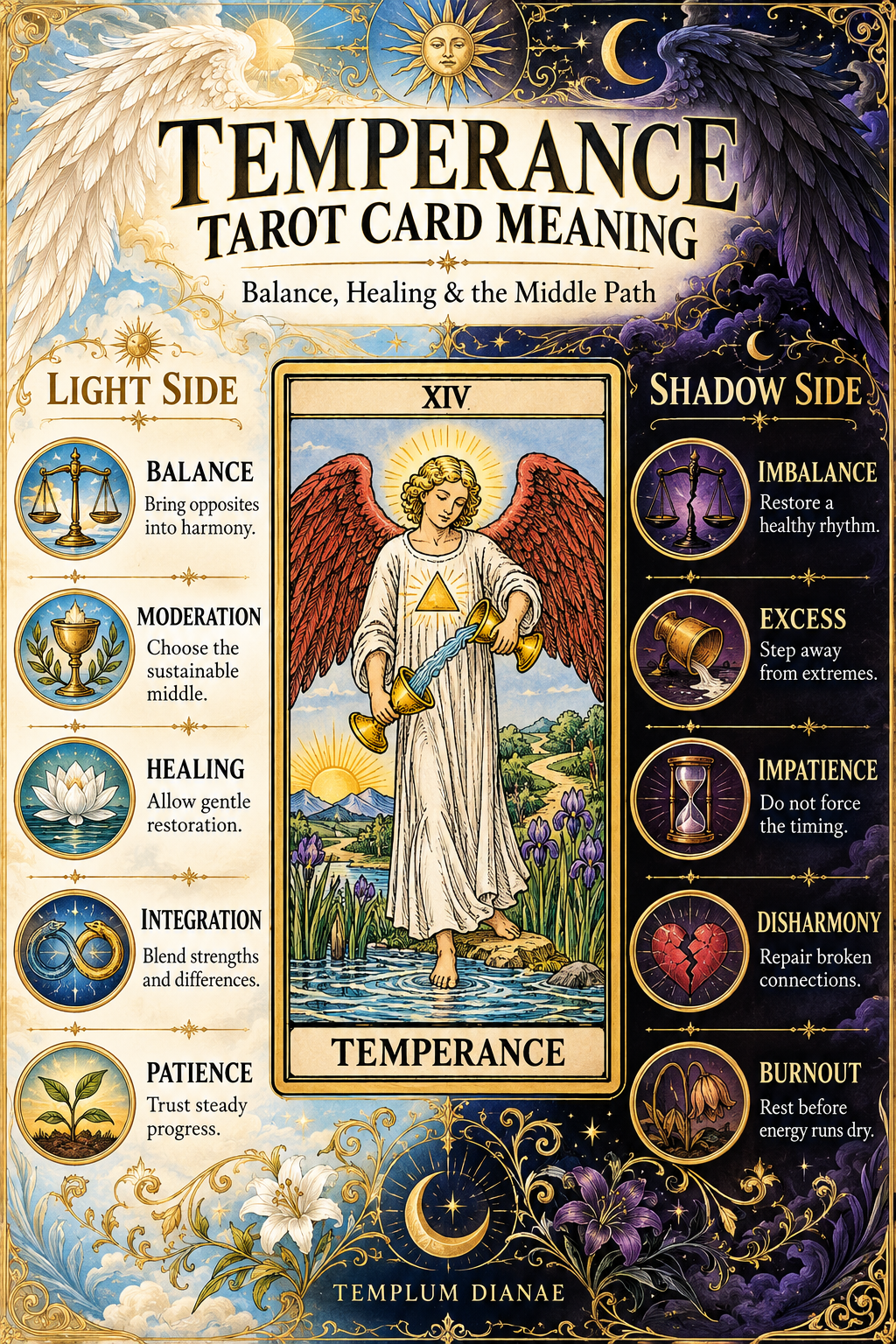 Temperance tarot card meaning infographic spreadsheet showing five Light Side and five Shadow Side symbolic meanings
