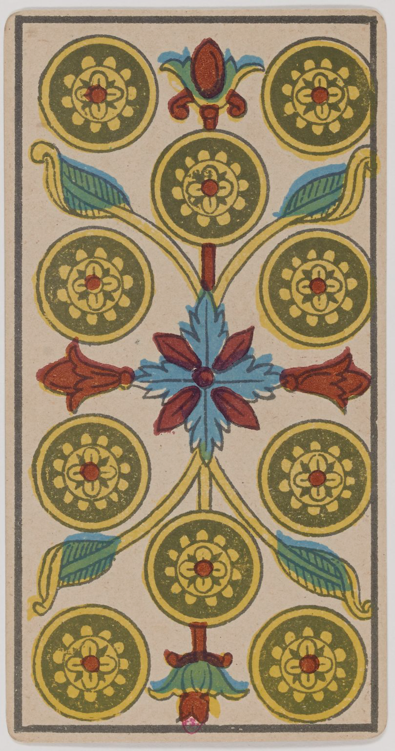 Ten of Coins Marseille Tarot card, historical Arnoult–Lequart 1890 coin suit illustration